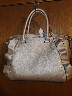 New! Del Mano Ruffle Handbag Metallic Bronze Rhinestone Studs Purse Crossbody